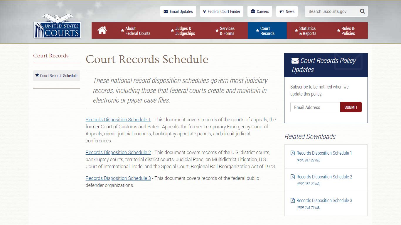 Court Records Schedule | United States Courts